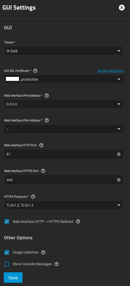 TrueNAS GUI settings